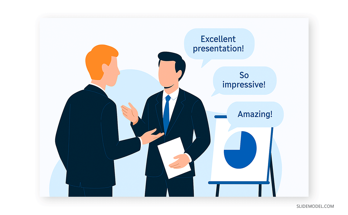 A meeting between two businessmen, where one is giving excessively polite comments as a form of positive presentation feedback