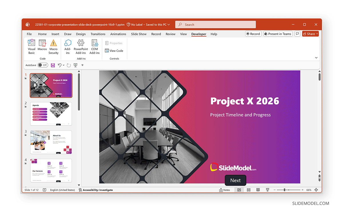 Example macro file for placing a button PowerPoint slide
