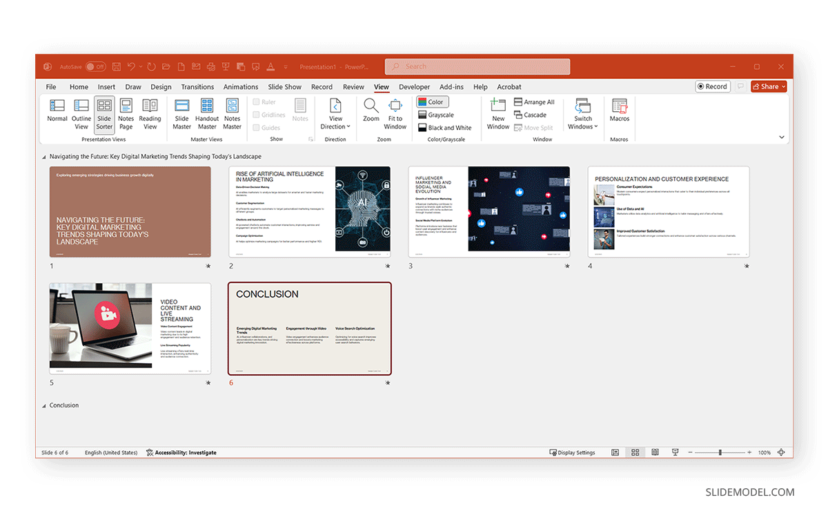 Checking the deck in Slide Sorter View after created with Microsoft Copilot