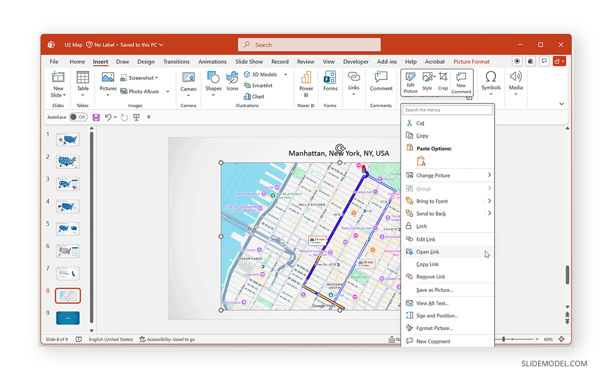 How to apply a map link to a route map slide