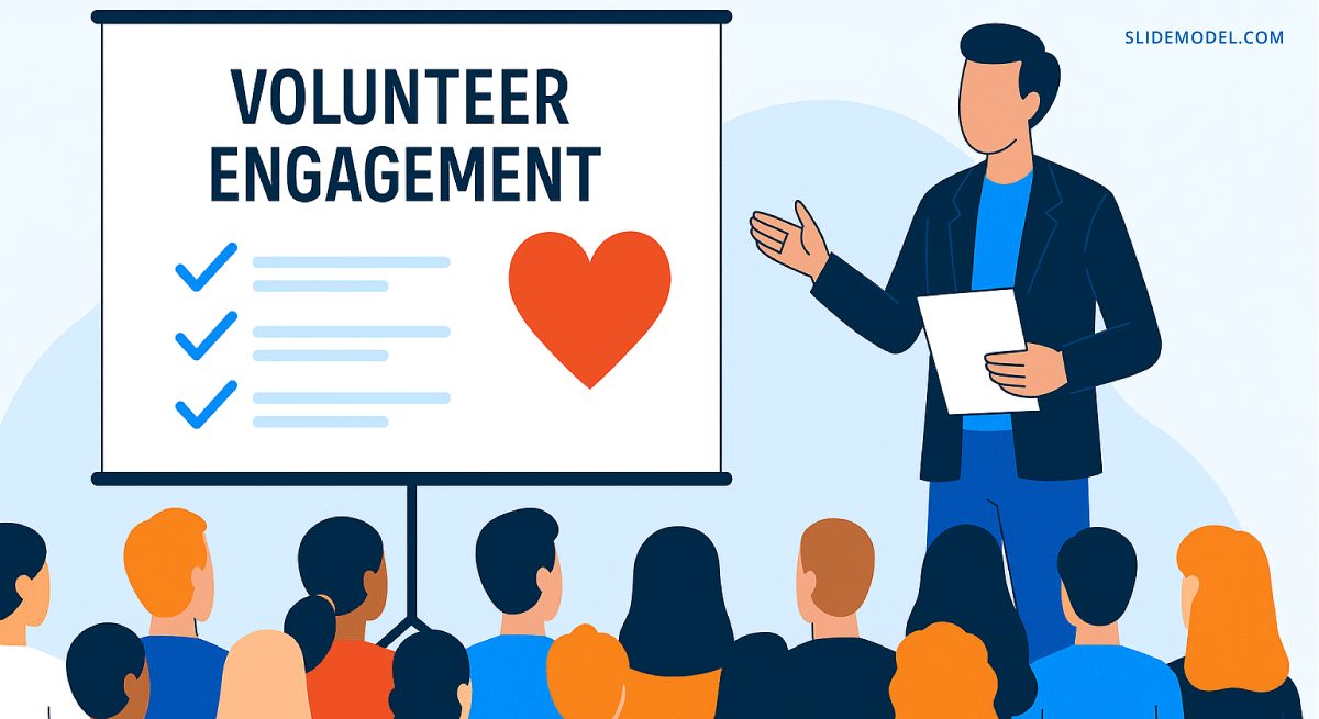 Volunteer engagement presentation with a speaker connecting with the audience