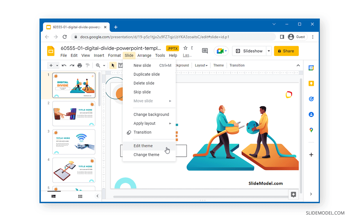 modifier le thème pour ajouter un en-tête et un pied de page dans Google Slides