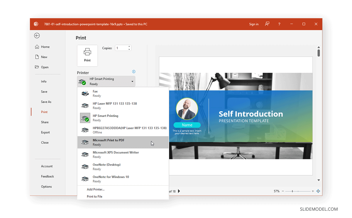 Selecting Microsoft Print to PDF in PowerPoint to save slides as PDF