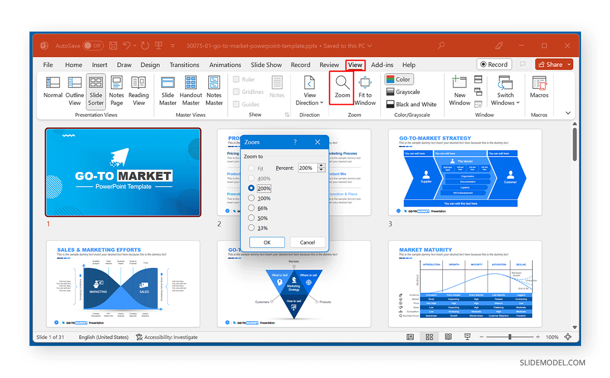 Zoom-in slides in Slide Sorter View