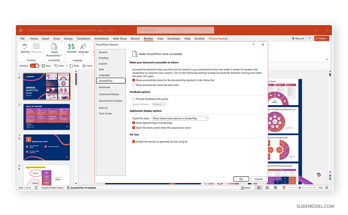 Menu for accessibility settings in PowerPoint