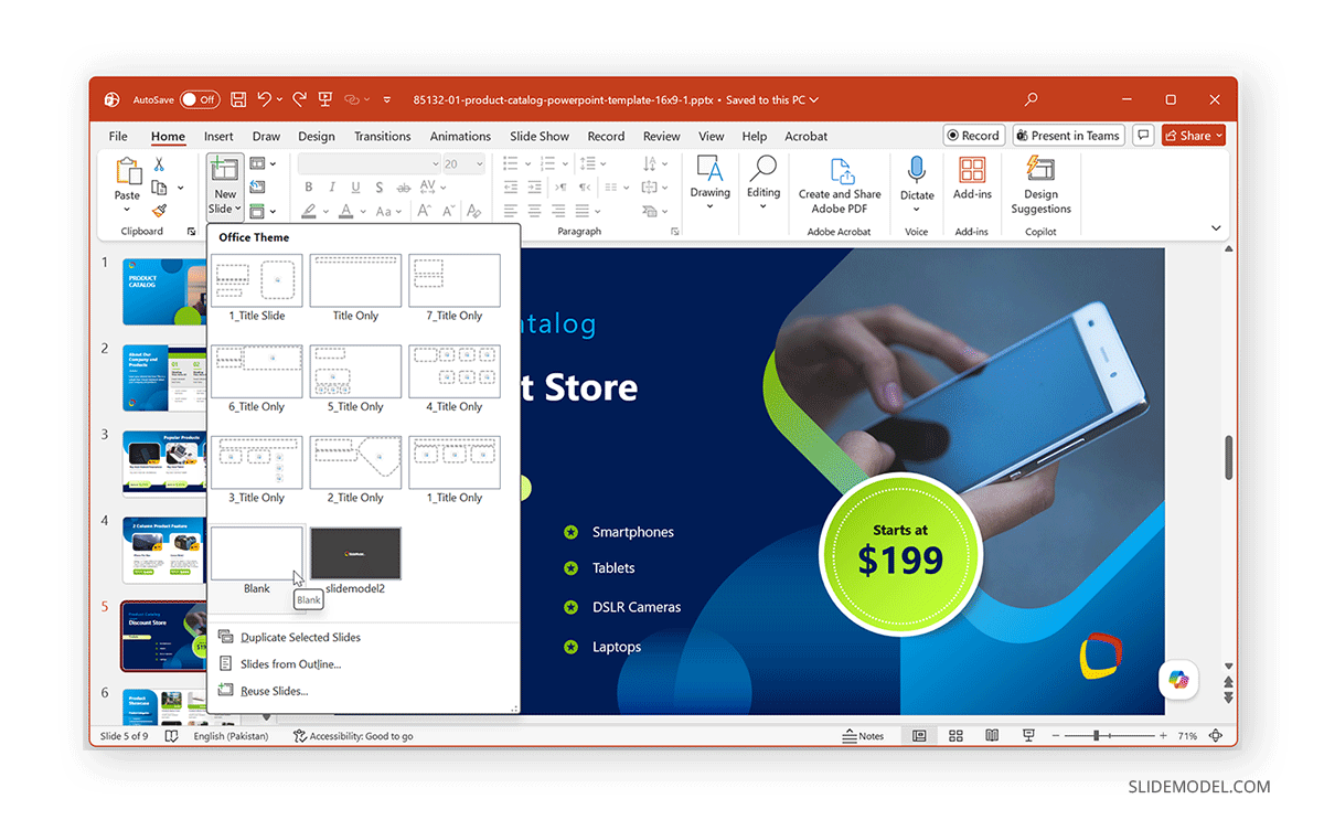 How to add a slide from the New Slide menu