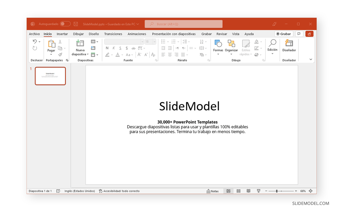 PowerPoint's interface shown with changed language