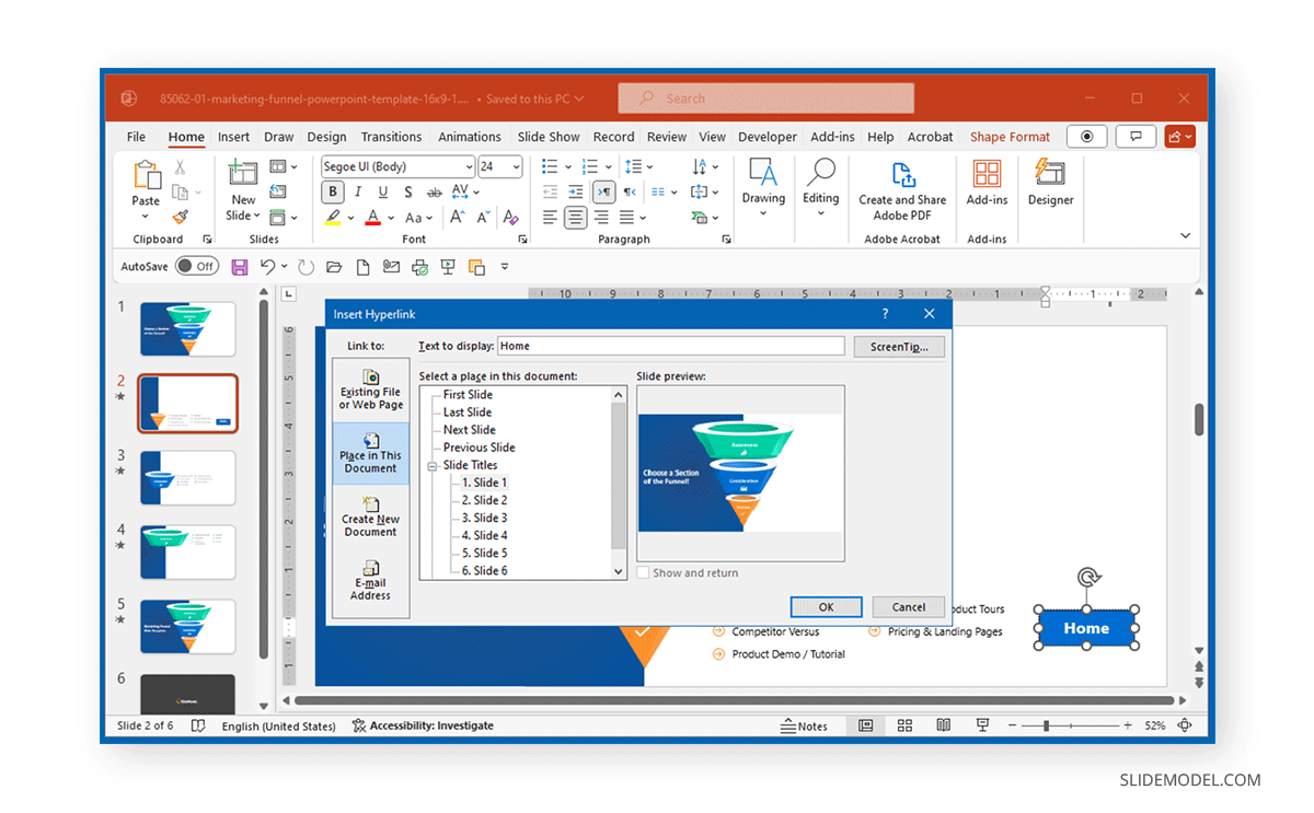 Selecting the slide to set as Home