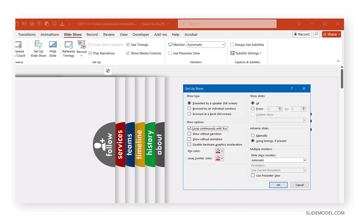 Settings for continuous loop animation in PowerPoint