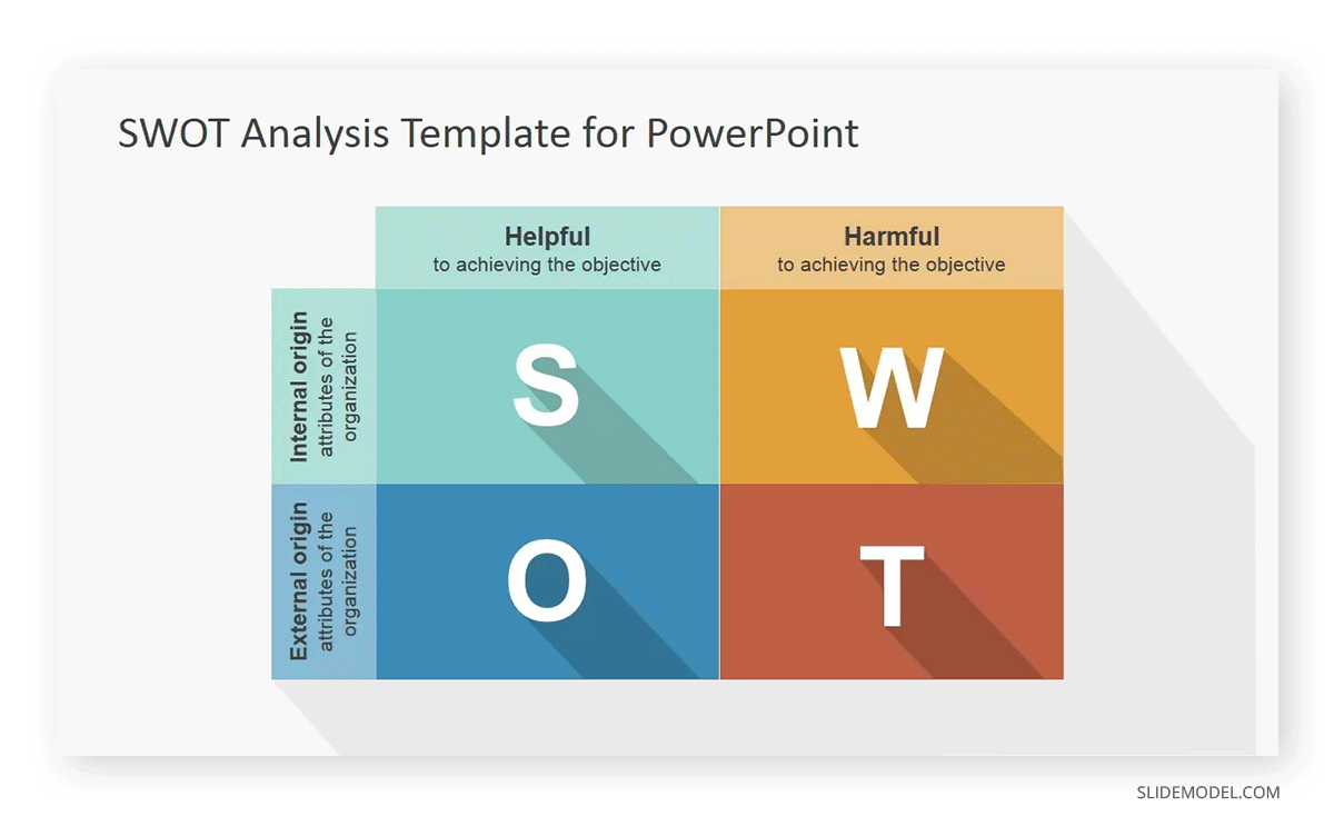 Multi-colored SWOT matrix template for PowerPoint