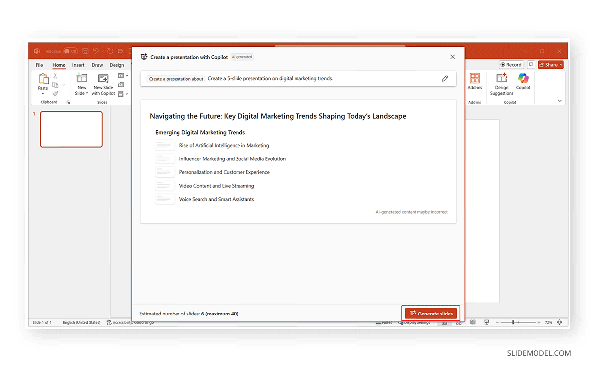 Examining a slide presentation outline generated with Microsoft Copilot in PowerPoint