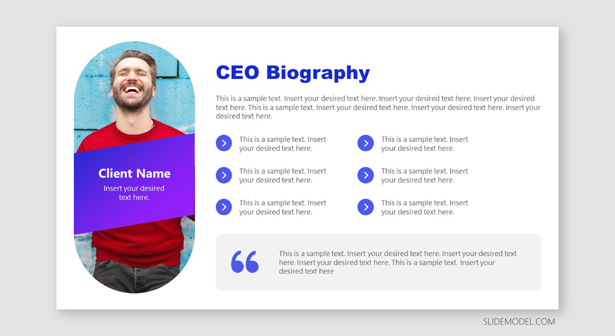 CEO Biography slide template for presentations with text placeholders and quote placeholder