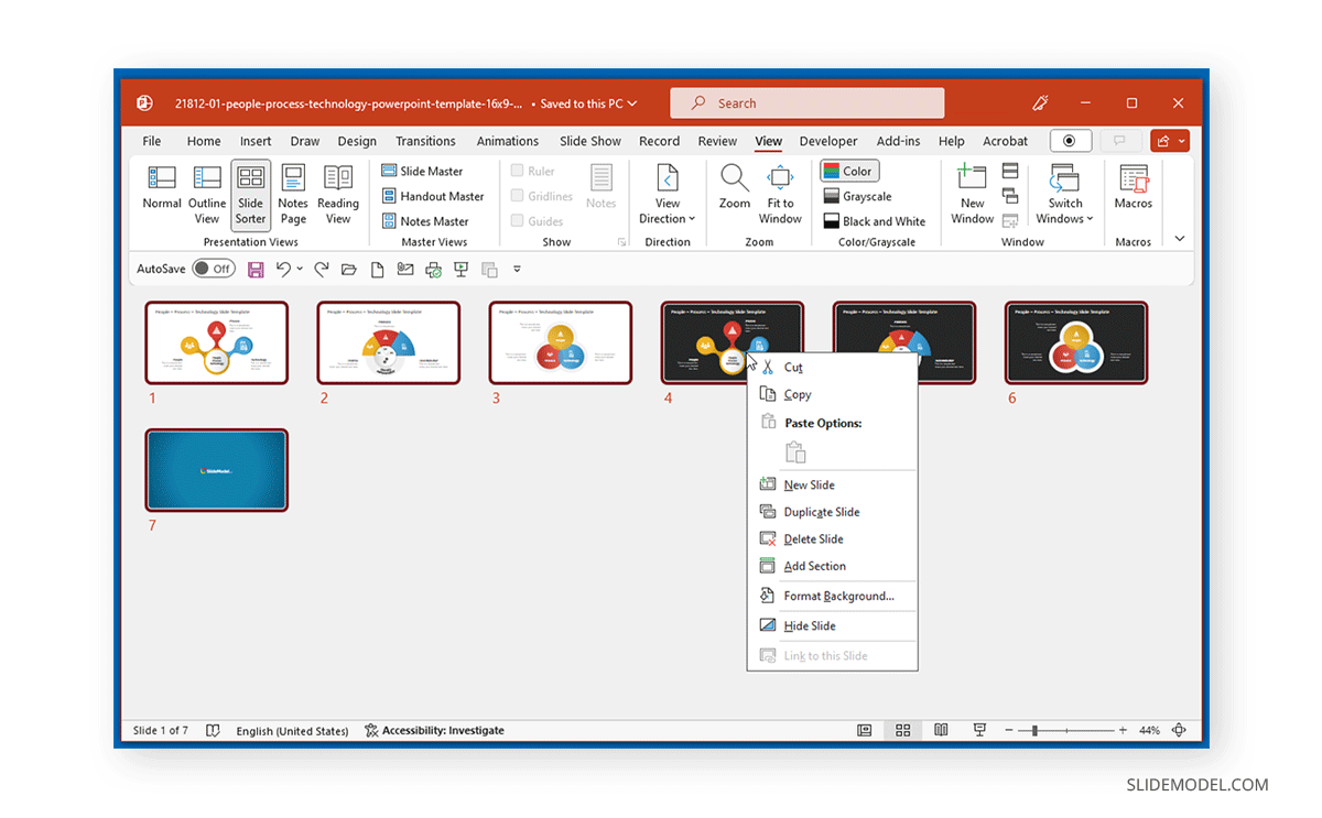 Options for selected slides in the Sorter View