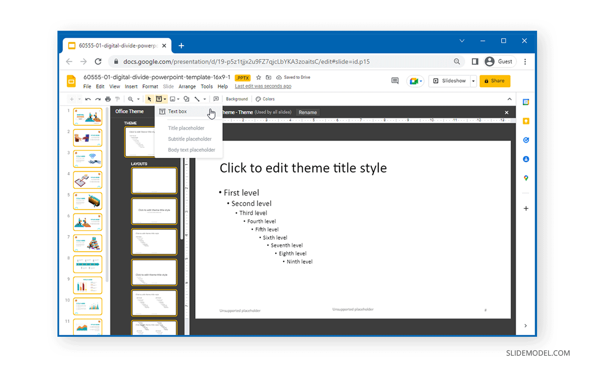 insertion d'une zone de texte dans une diapositive principale pour ajouter un en-tête et un pied de page dans Google Slides