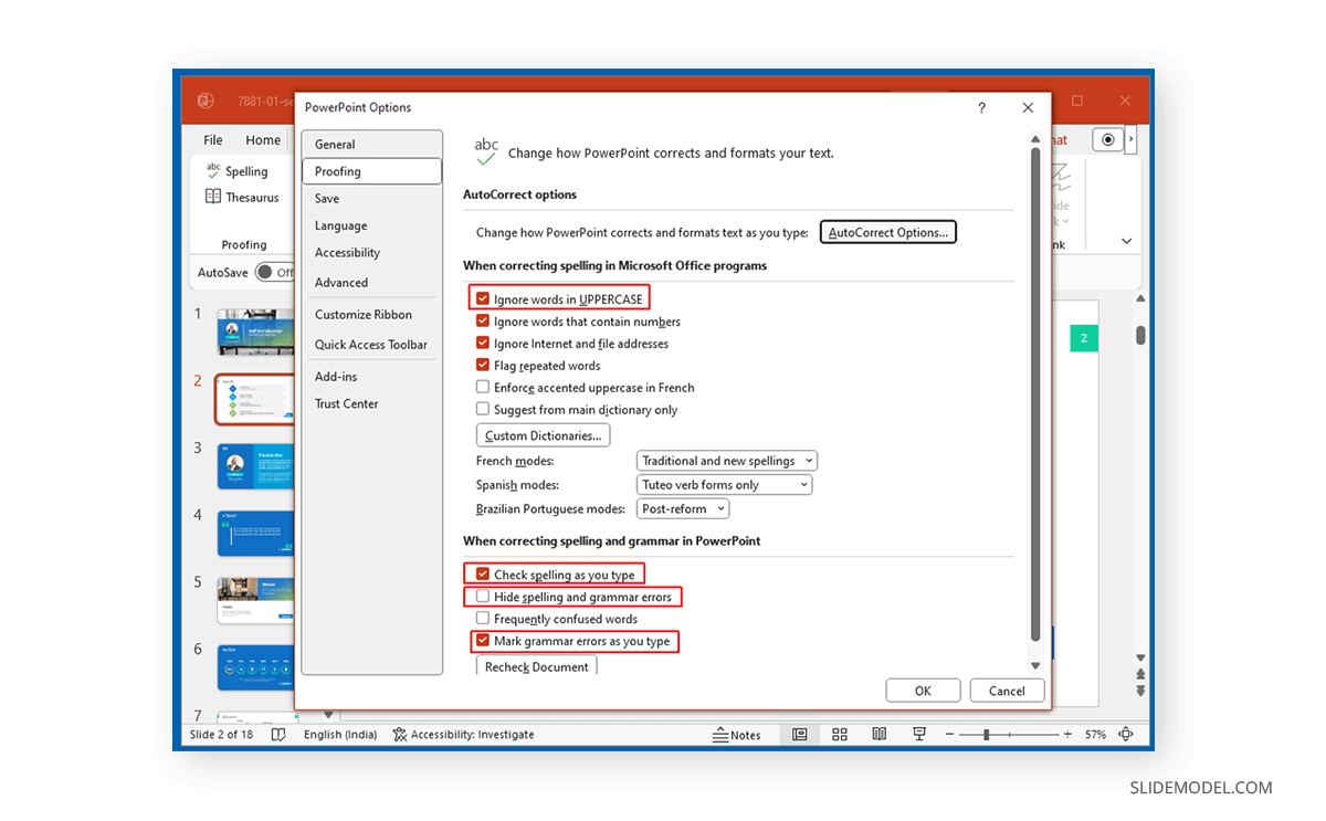 Recommended PowerPoint proofreading settings