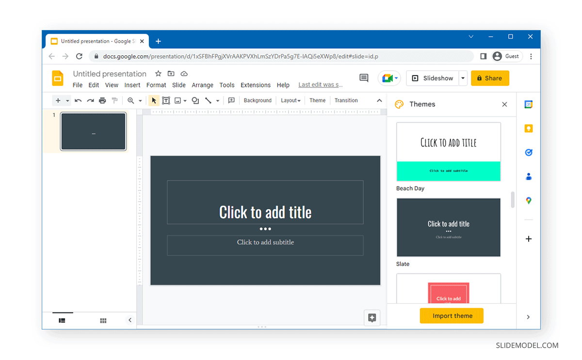 Sélection d'un thème dans Google Slides