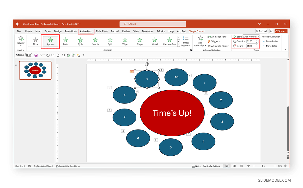 Setting duration and display for the timer animation