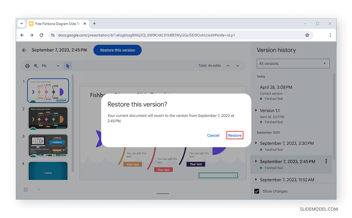 Restore version in Google Slides