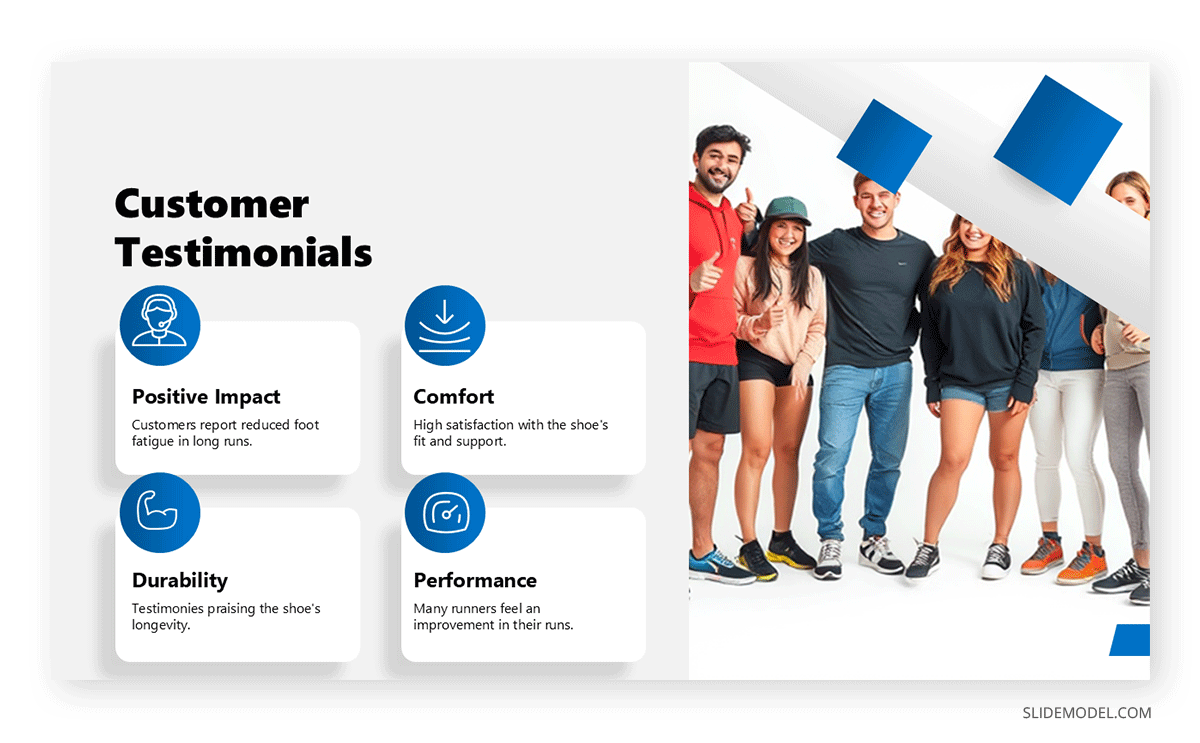 Example of a consumer testimonial slide highlighting four key items