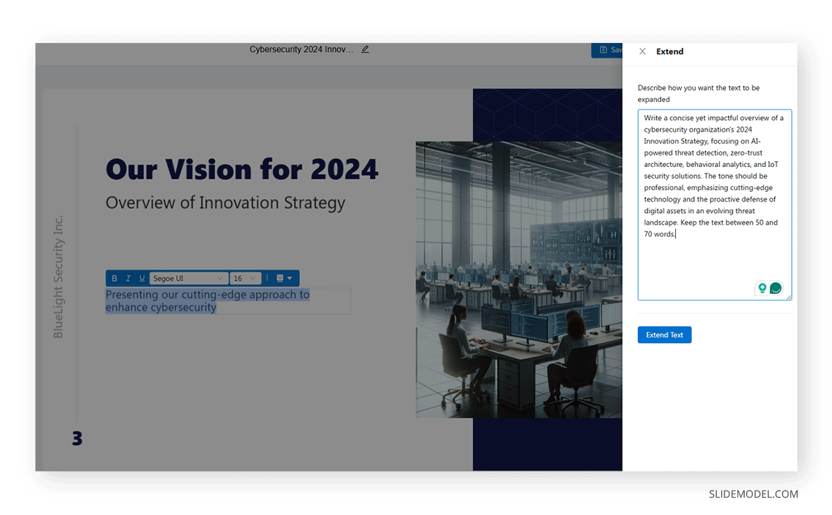 Prompt writing to extend the text in SlideModel.ai