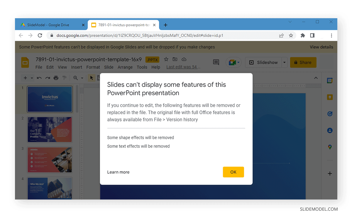 Limitations of Google Slides for converting a PowerPoint Presentation - PowerPoint to Google Slides conversion - some features are not available