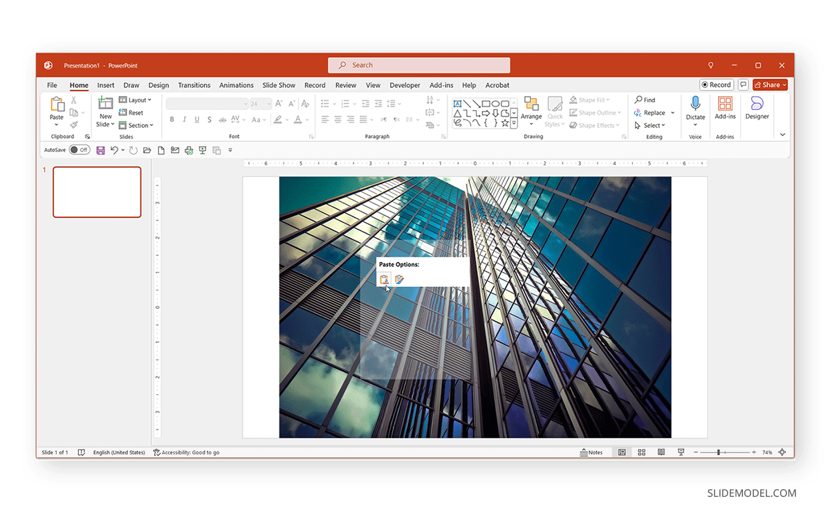 Pasting options for photos in PowerPoint