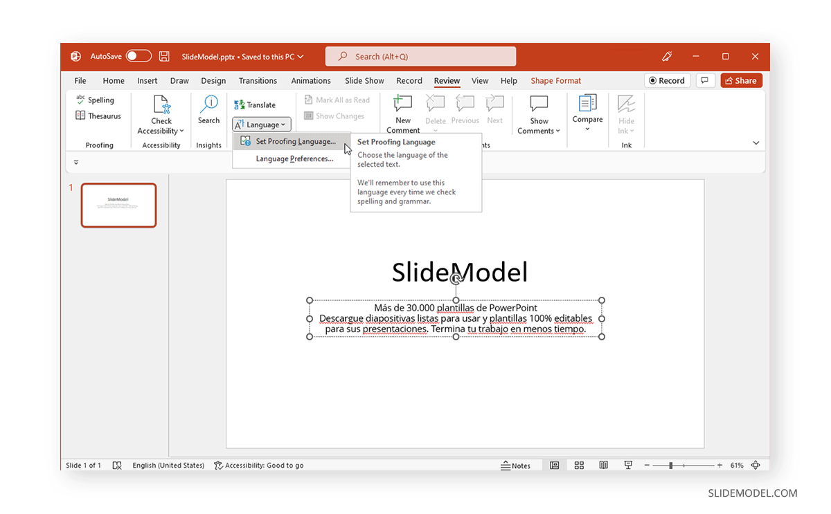 setting proofing language in PowerPoint