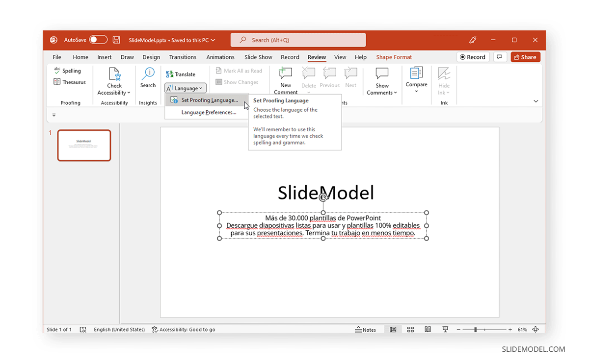 définition de la langue de vérification dans PowerPoint