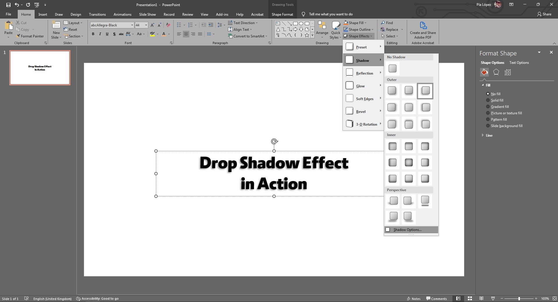 Recherche d'options d'ombre dans PowerPoint