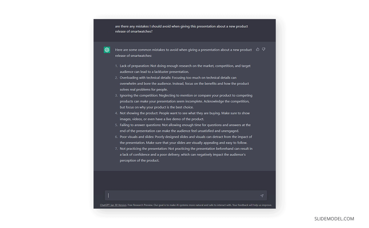 Mistakes to avoid when giving a smartwatch presentation generated by ChatGPT