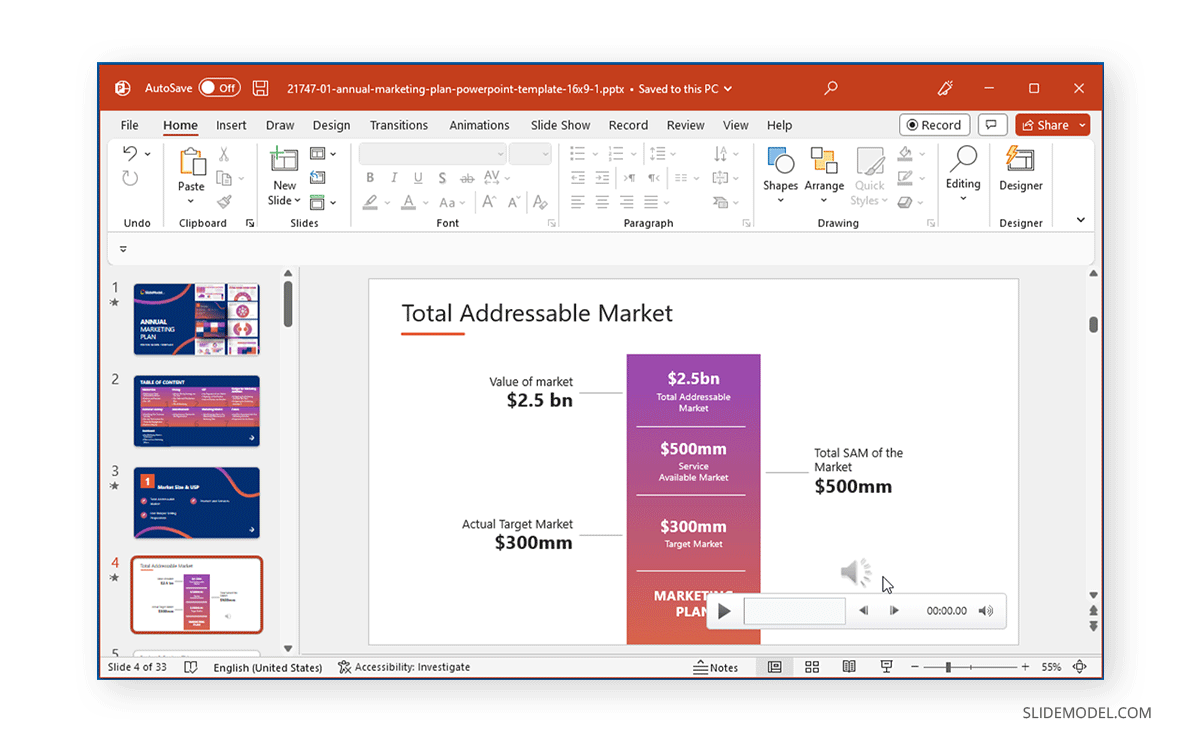 Audio narration panel with playback options ready in PowerPoint