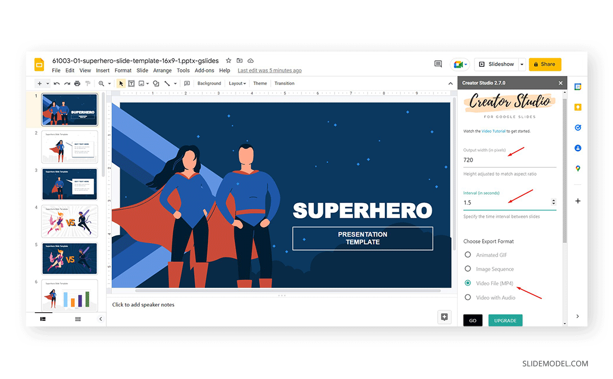 Paramètres de Creator Studio pour convertir une présentation Google Slides en vidéo