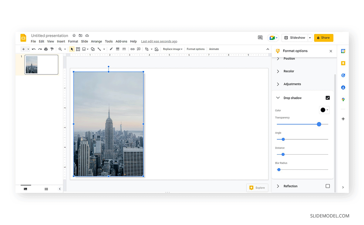using the drop shadows in google slides options