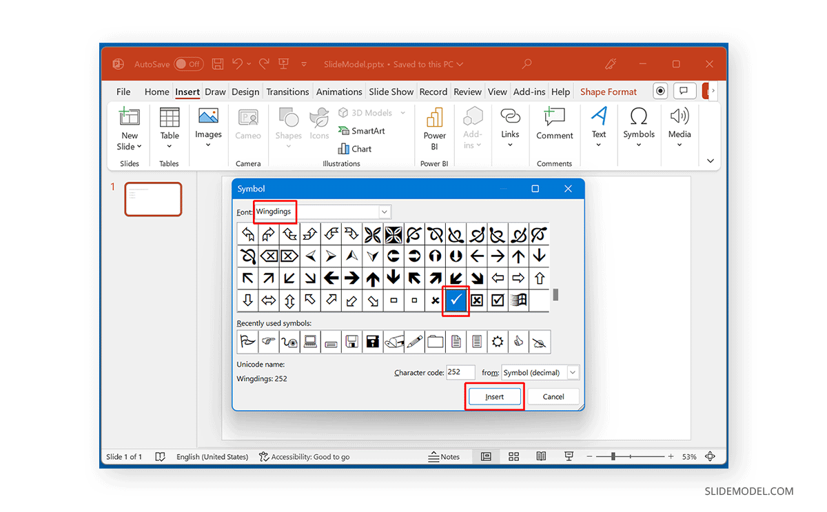 Insert checkmark in a PowerPoint slide