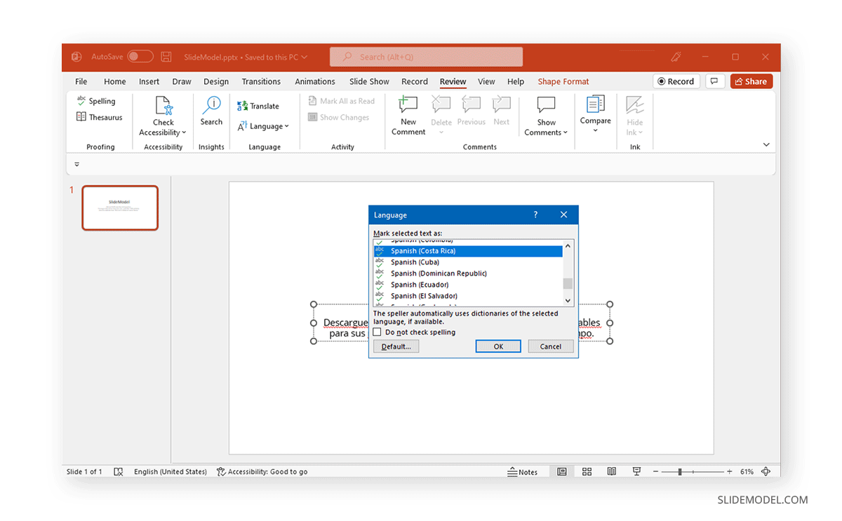 picking the proofing language in PowerPoint