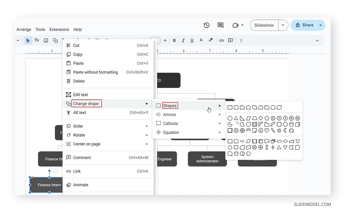 How to change shapes in an org chart on Google Slides