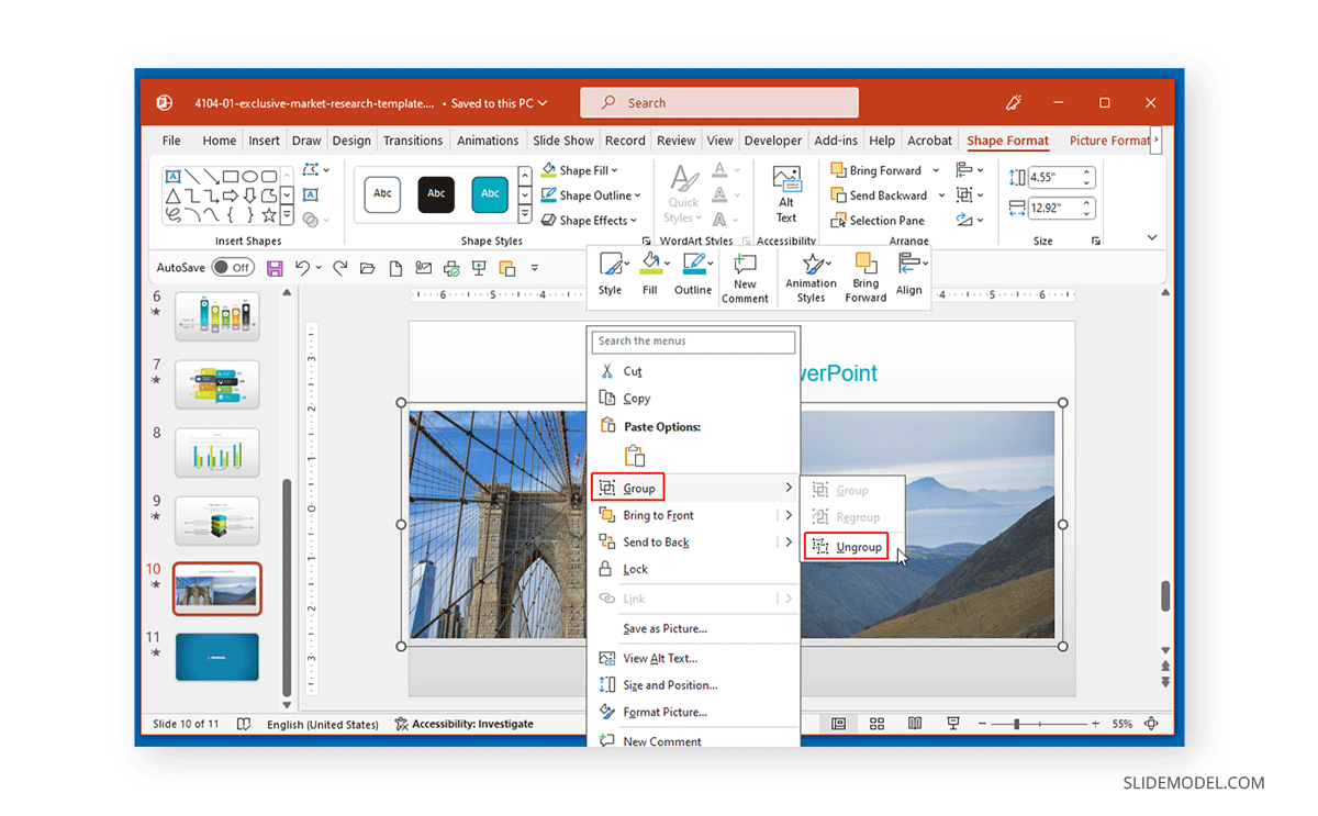 Ungrouping PowerPoint elements via right-click contextual menu