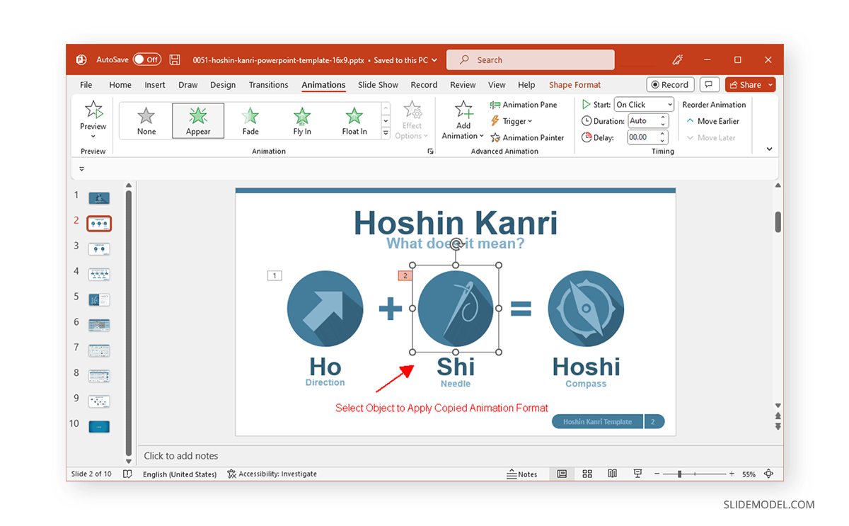 Applying copied animated format in PowerPoint
