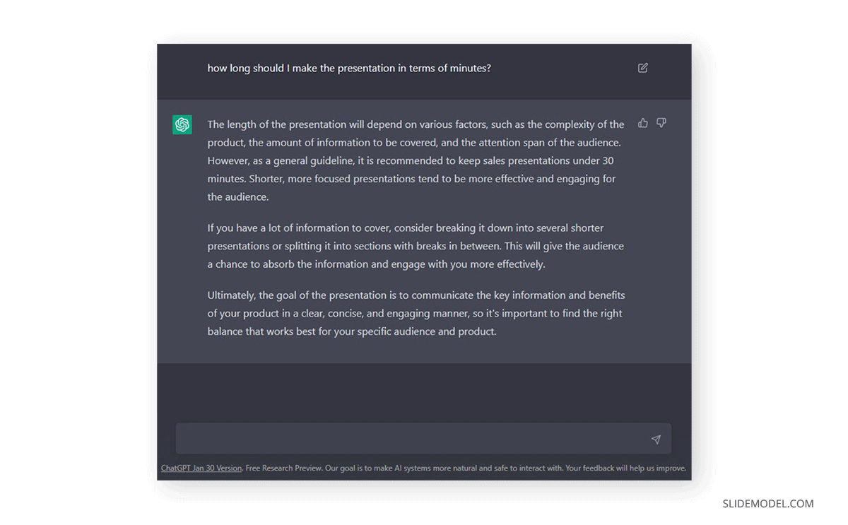 Output about presentation duration by ChatGPT