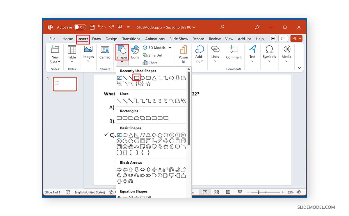 Insert a rectangle shape in PowerPoint