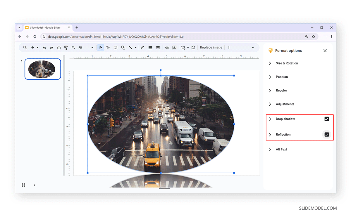 Apply drop shadow and reflection effects in Google Slides