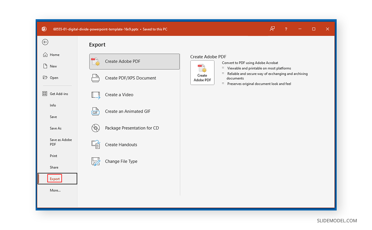 Exporting options for PPT slides