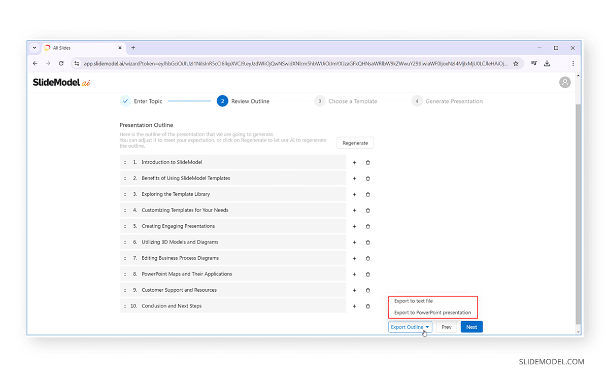 How to export the presentation outline from SlideModel AI