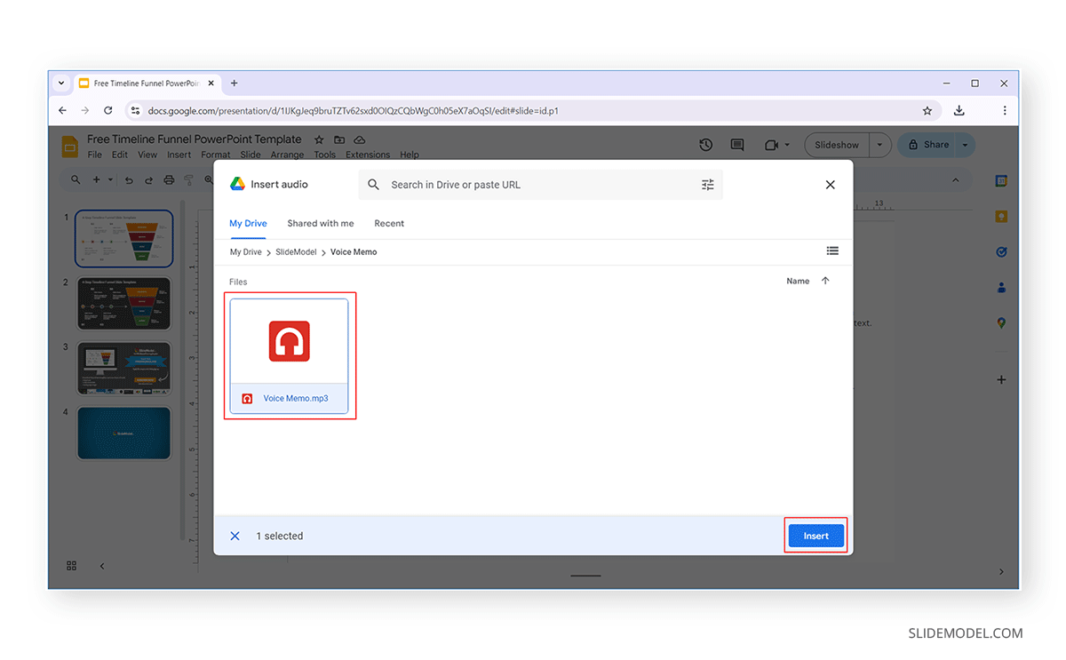 Picking the audio file to use as voice memo in Google Slides
