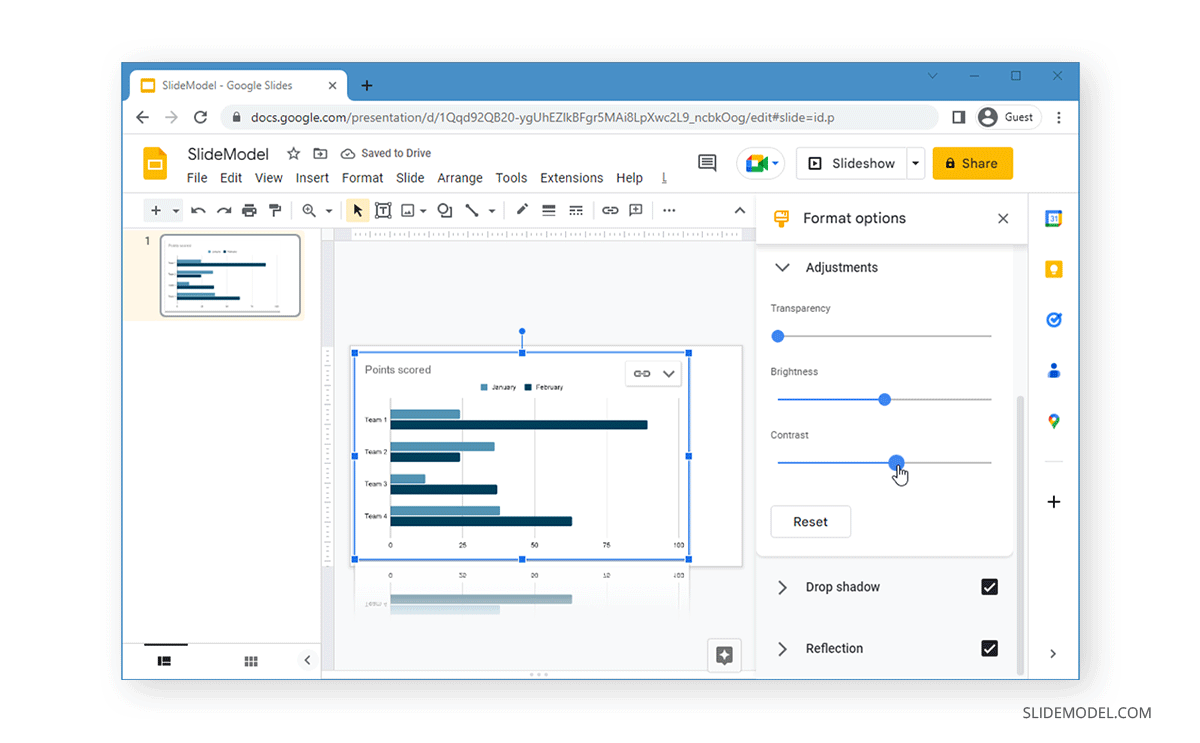 Accéder aux ombres portées, à la réflexion et à d'autres réglages avancés dans Google Slides