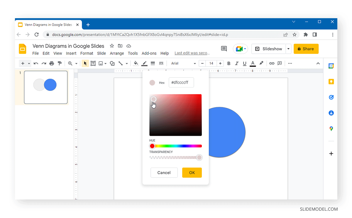 ajustement de la valeur hexadécimale personnalisée et de la transparence dans les diagrammes de Venn créés dans google slides avec des formes