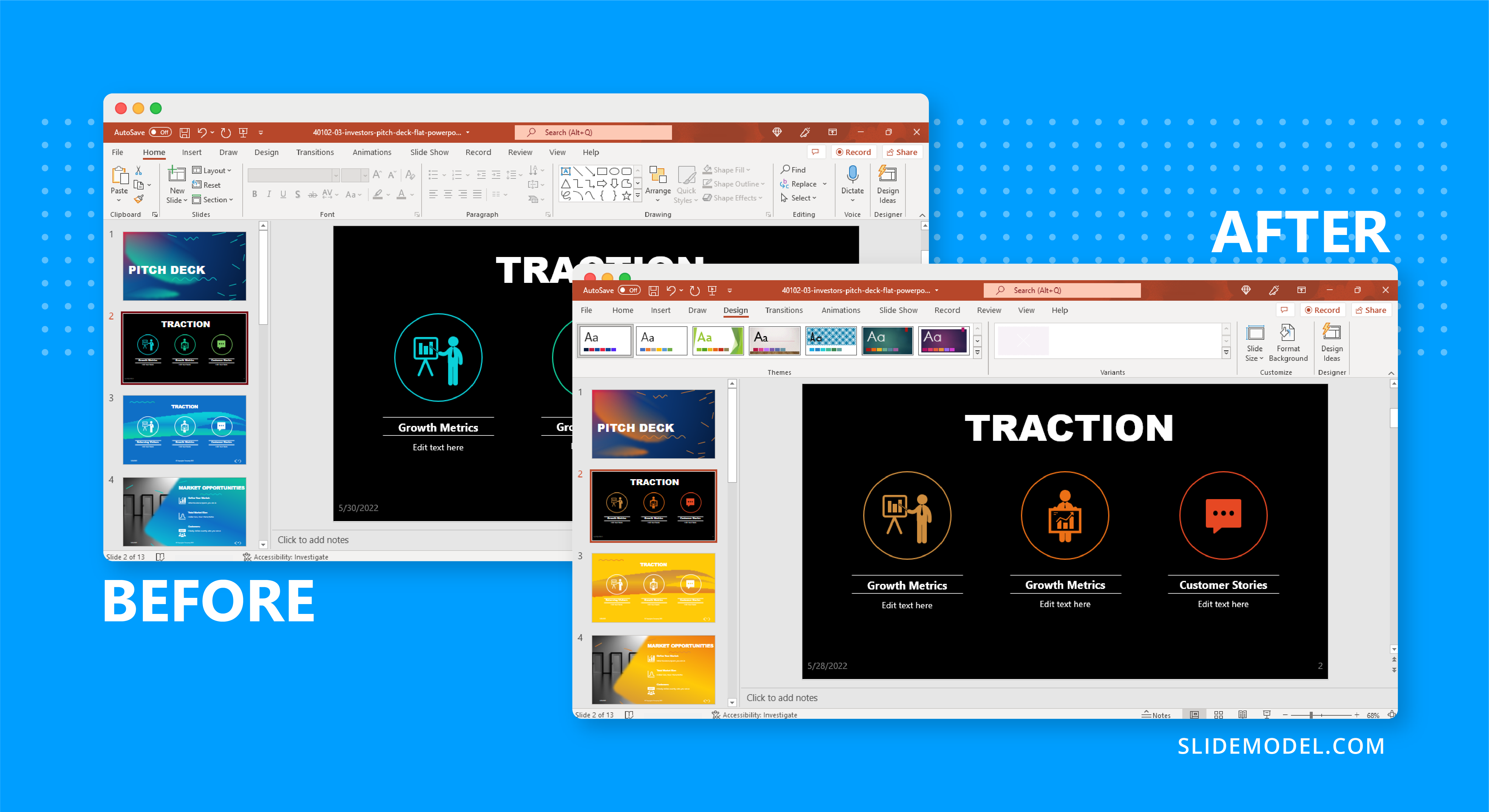 Before and After Example after applying Theme Color changes to a PowerPoint presentation