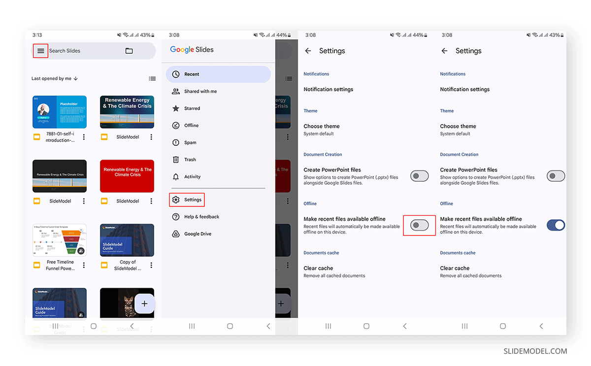 Locating Google Slides mobile settings