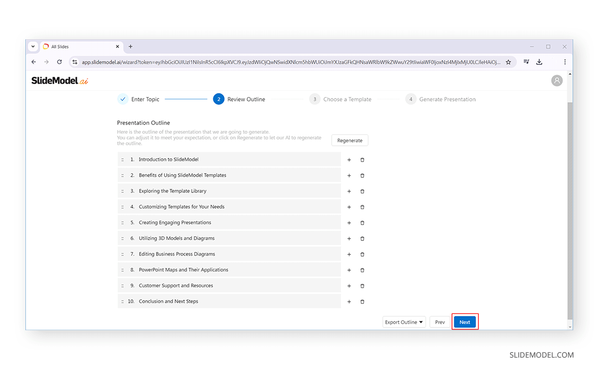 Outline review inside SlideModel AI