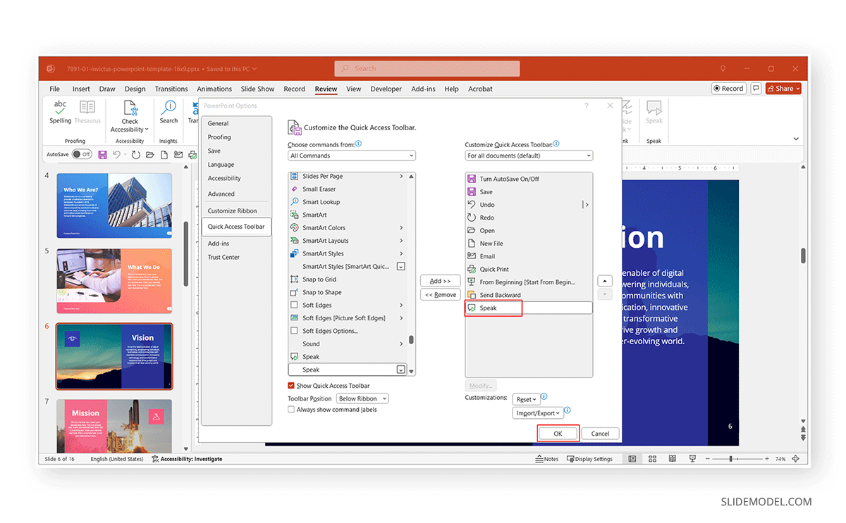 PowerPoint Speak in Quick Access Toolbar